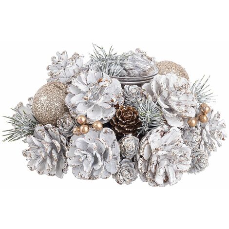 Portacandela Bianco decorativo con pigne per lumini in polistirolo per decorazioni natalizie -1 Posto