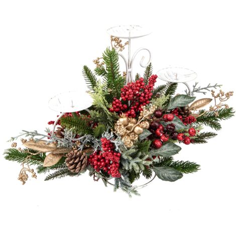 Portacandela decorativo con bacche e pigne per decorazioni natalizie, per 3 candele -52 cm