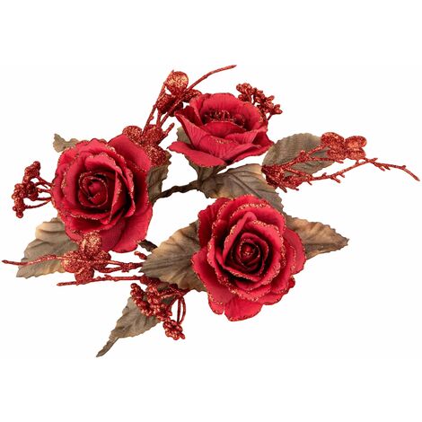 Portacandela decorativo con rose e bacche per decorazioni natalizie 15 cm -Rosso