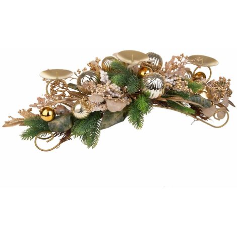 Portacandela decorativo oro con bacche e sfere per decorazioni natalizie, per 3 candele