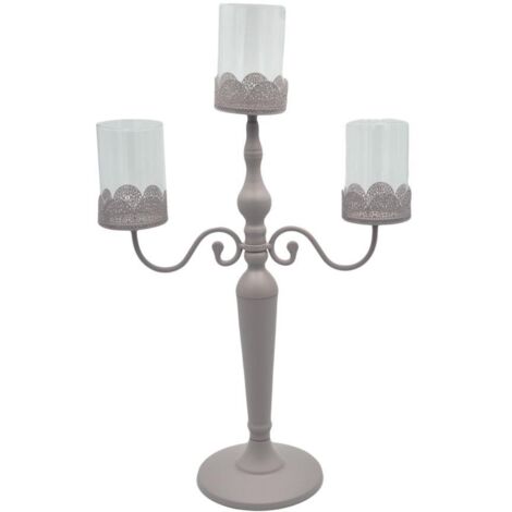 Portacandele candelabro metallo tortora3 posti con vetro cm 38x17h62
