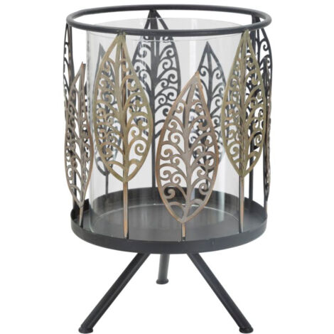 Portacandele Foglie Iron Ø15x24 cm in Ferro e Vetro Nero e Grigio