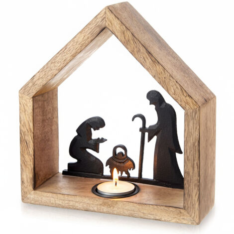 PORTACANDELE IN LEGNO A FORMA DI PRESEPE NATALIZIO 20X6X22