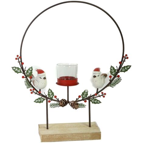 Portacandele metallo con uccellini rosso cm29x7h35