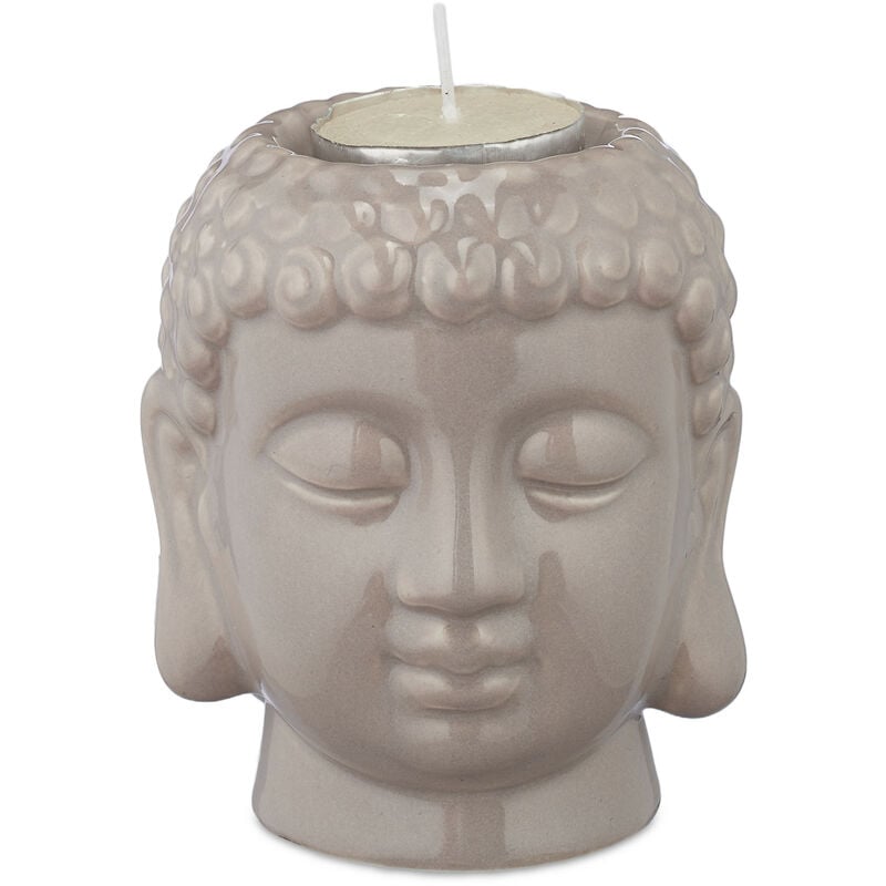 Portacandele, Portalumi con Testa di Budda, Feng Shui, Ceramica, hlp 9,5x8x8 cm, Zona Giorno e Bagno, Grigio - Relaxdays