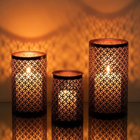 Portacandele tealight neri - Set di 3 lanterne in metallo, portacandele a colonna in stile marocchino orientale, design decorativo per casa, sala da pranzo, arredamento d'interni