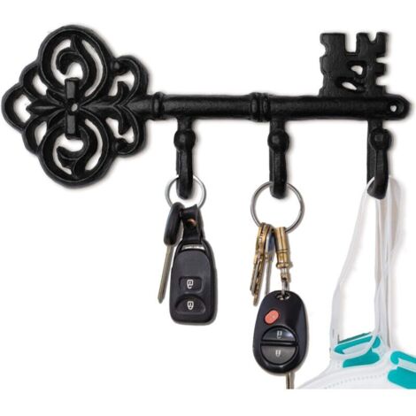 Portachiavi da parete antico in ghisa nera con 3 ganci, dimensioni: 22,9 x 3,2 x 9,5 cm