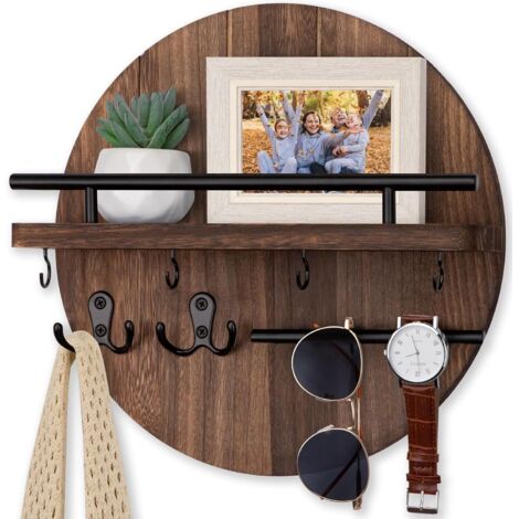 Portachiavi da parete, mensola da 30 cm con ripiano e 8 ganci, portaposta rustico, appendiabiti circolare in legno per ingresso, corridoio, cucina (marrone)