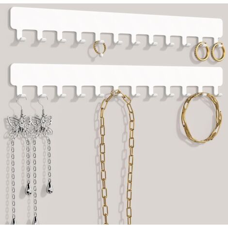 Portacollane, Portagioielli da parete, Robusto organizer per collane, bracciali e orecchini, Soluzione salvaspazio, Facile fissaggio adesivo, Metallo, Bianco
