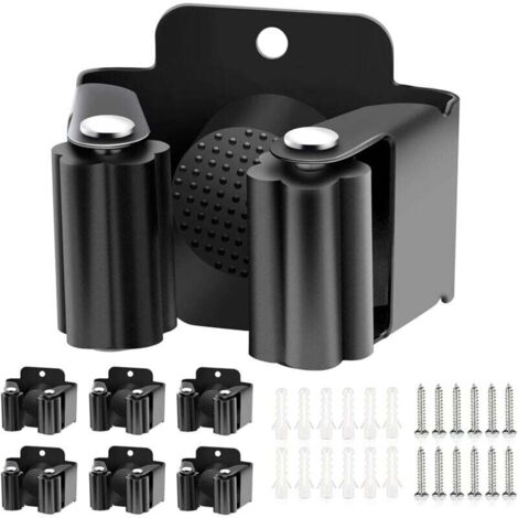 Portaescobas de acero inoxidable (6 piezas), ajustable y antideslizante, con herrajes de montaje para lavadero, cocina, hogar y baño (negro, 6 x 6,2 cm)