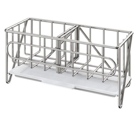 Portaesponjas para fregadero de cocina, organizador para fregadero de cocina, soporte para cepillos de limpieza, jabonera con bandeja de goteo, plata