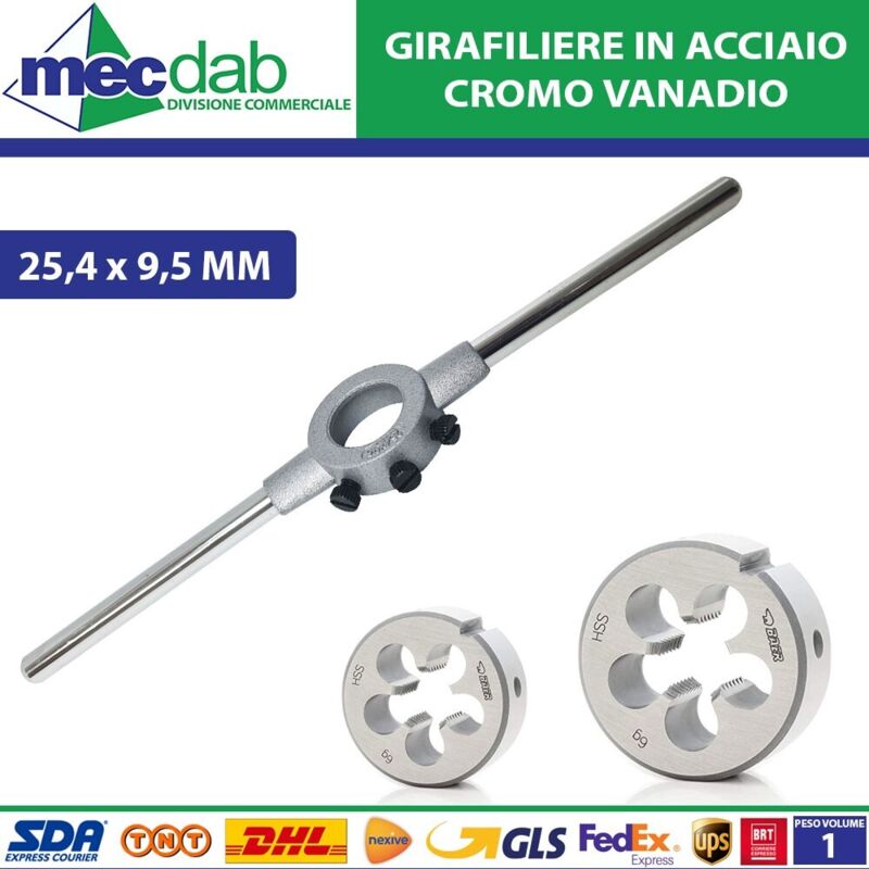 Portafiliere manuale Ø25,4 mm in acciaio cromo – per filettature M8 DIN 225