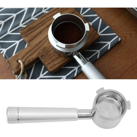 Portafiltro de café para la serie DeLonghi 9 (9335, 9155, 9355, 9665): portafiltro sin fondo, fabricado en acero inoxidable 304 y aleación de aluminio, mango ergonómico, color plateado.