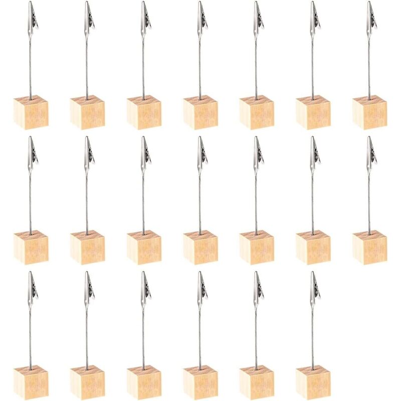 Portafotos (20 unidades), bloc de notas, sujetafotos con clip, base de pino, soporte de fotos independiente, para oficina, boda, fiesta, decoración