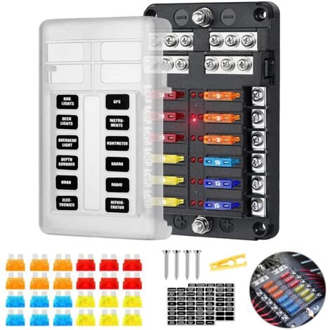 Portafusibili 12 scomparti ATC/ATO 12V/24V CC 100A con 16 fusibili e LED indicatore per auto, barca, camion, camper, furgone.