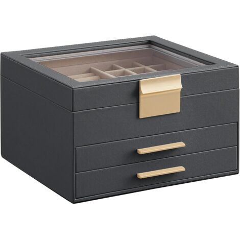 Portagioie con coperchio in vetro, organizer per gioielli a 3 strati, 2 cassetti, per gioielli grandi e piccoli, portagioielli, stile moderno, 8 x 9,2 x 5,2 pollici, grigio