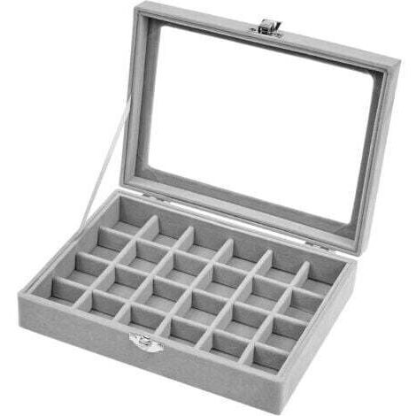 Portagioie in velluto grigio con 24 scomparti e coperchio in vetro, ideale per riporre anelli, orecchini, bracciali, orologi e collane.