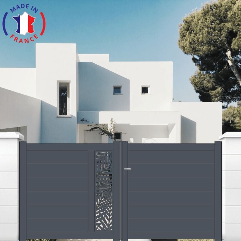 Portail aluminium battant découpe laser en kit dimensions L.4000 (entre piliers) x H.1500 mm Couleurs Gris (ral 7016)