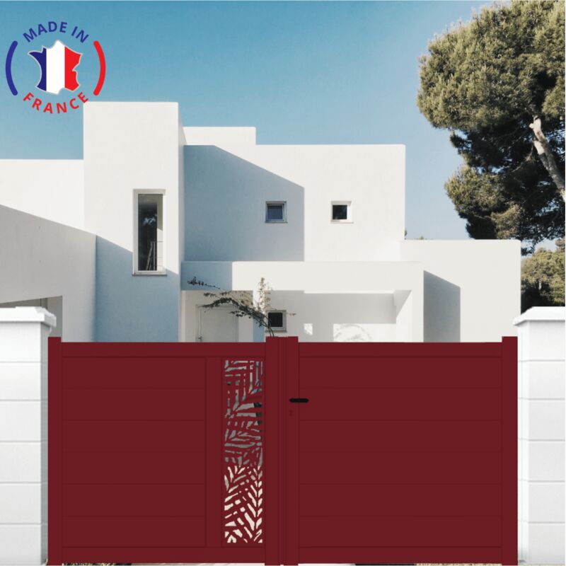 Portail aluminium battant découpe laser en kit dimensions L.4000 (entre piliers) x H.1500 mm Couleurs Rouge (ral 3004)