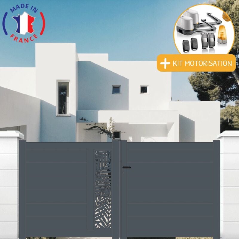 Portail aluminium battant découpe laser en kit + Motorisation dimensions L.4000 (entre piliers) x H.1500 mm lockyvia (à bras) Couleurs Gris (ral 7016)