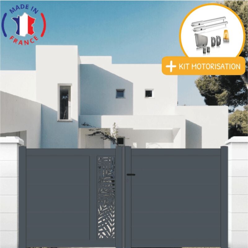 Portail aluminium battant découpe laser en kit + Motorisation dimensions L.3000 (entre piliers) x H.1500 mm sgs Essential (vérins) Couleurs Gris (ral
