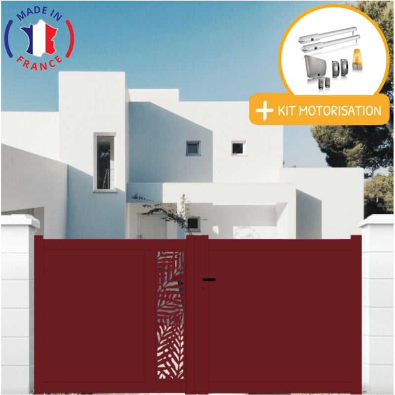 Portail aluminium battant découpe laser en kit + Motorisation dimensions L.3000 (entre piliers) x H.1500 mm sgs Essential (vérins) Couleurs Rouge