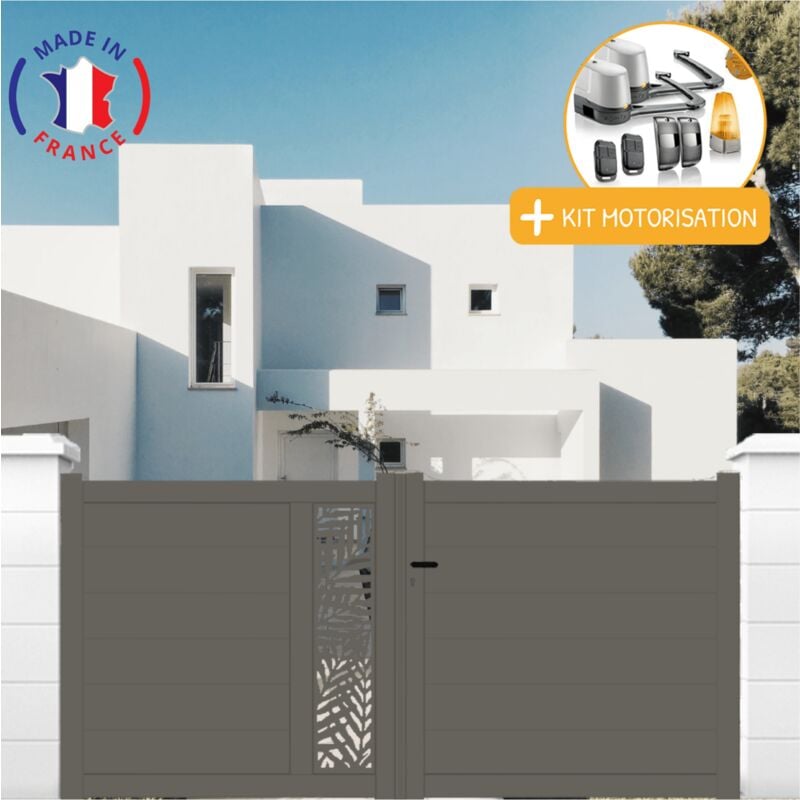 Portail aluminium battant découpe laser en kit + Motorisation dimensions L.3500 (entre piliers) x H.1500 mm lockyvia (à bras) Couleurs Gris quartz