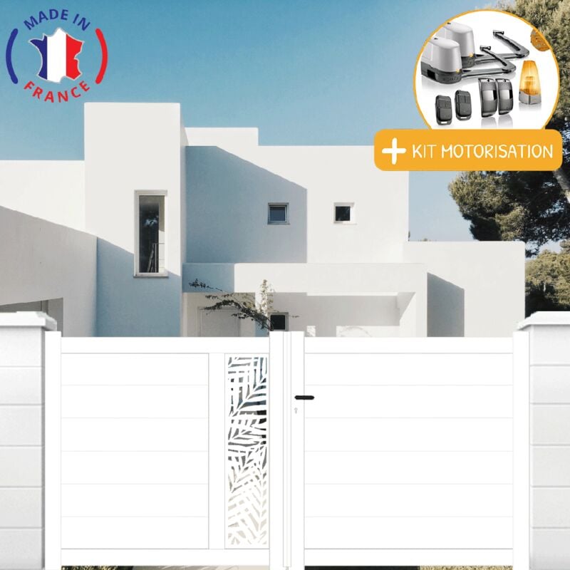 Portail aluminium battant découpe laser en kit + Motorisation dimensions L.3000 (entre piliers) x H.1500 mm lockyvia (à bras) Couleurs Blanc (ral