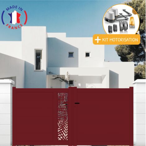 Portail aluminium battant découpe laser en kit + Motorisation dimensions L.3500 (entre piliers) X H.1500 mm LOCKYVIA (à bras) Couleurs Rouge (RAL 3004)