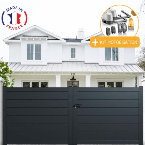 Portail aluminium battant plein en kit + Motorisation dimensions L.3500 (entre piliers) X H.1700 mm LOCKYVIA (à bras) Couleurs Gris (RAL 7016)