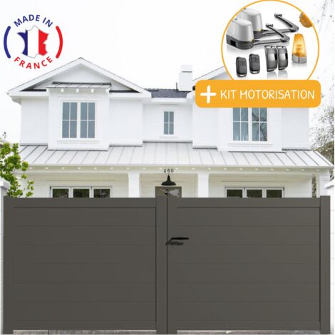 Portail aluminium battant plein en kit + Motorisation dimensions L.4000 (entre piliers) X H.1500 mm LOCKYVIA (à bras) Couleurs Gris quartz (RAL 7039)