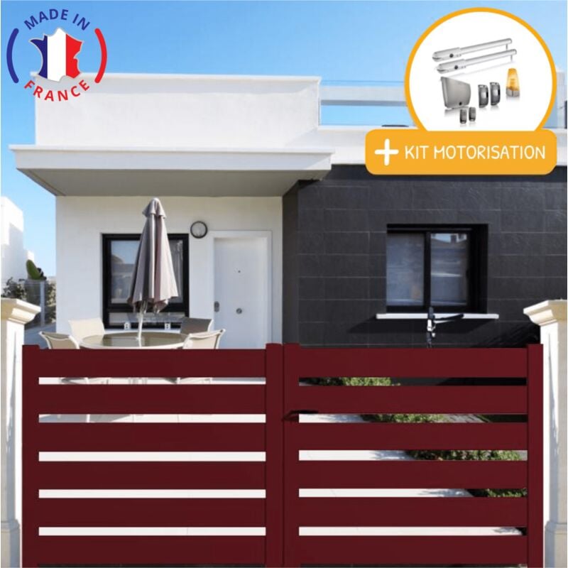 Portail aluminium battant sah en kit + Motorisation dimensions L.3000 (entre piliers) x H.1500 mm sgs Essential (vérins) Couleurs Rouge (ral 3004)