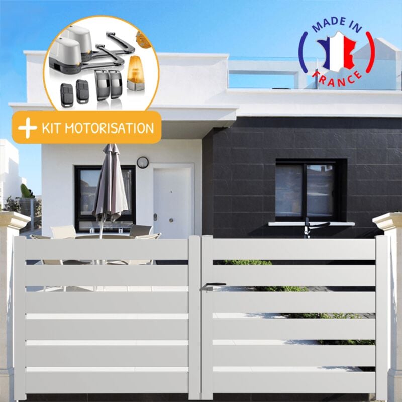 Portail aluminium battant sah en kit + Motorisation dimensions L.3000 (entre piliers) x H.1500 mm lockyvia (à bras) Couleurs Blanc (ral 9010)