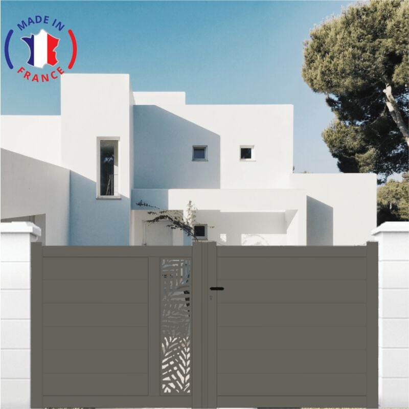 Portail aluminium coulissant découpe laser en kit dimensions L.3000 (entre piliers) x H.1500 mm Couleurs Gris quartz (ral 7039)