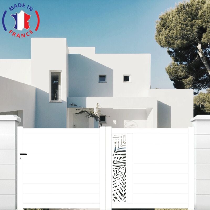 Portail aluminium coulissant découpe laser en kit dimensions L.3500 (entre piliers) x H.1500 mm Couleurs Blanc (ral 9010)