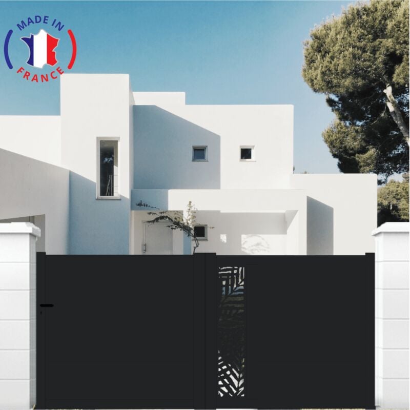 Portail aluminium coulissant découpe laser en kit dimensions L.3000 (entre piliers) x H.1500 mm Couleurs Noir (ral 9005)