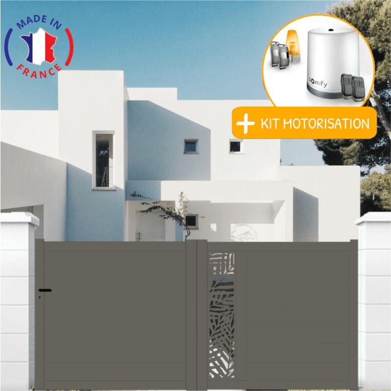 Portail aluminium coulissant découpe laser en kit + Motorisation dimensions L.3000 (entre piliers) x H.1500 mm Couleurs Gris quartz (ral 7039)