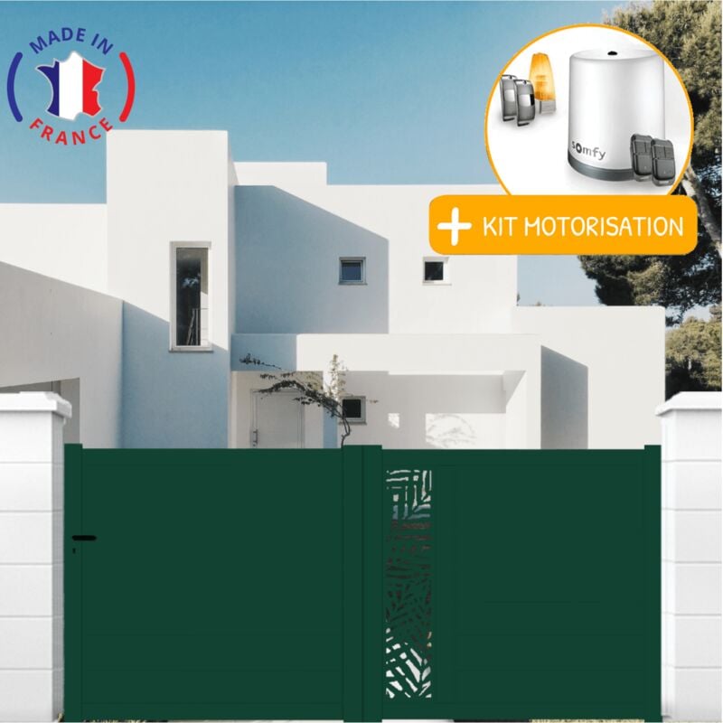 Portail aluminium coulissant découpe laser en kit + Motorisation dimensions L.3000 (entre piliers) x H.1500 mm Couleurs Vert (ral 6005)