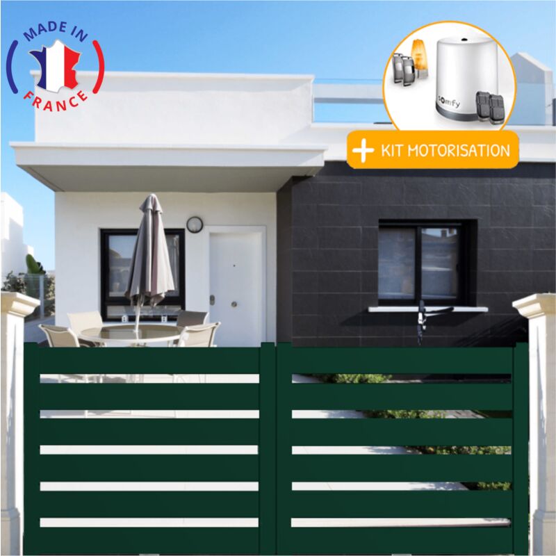 Portail aluminium coulissant sah en kit + Motorisation dimension L.4000 (entre piliers) x H.1500 mm Couleurs Vert (ral 6005) Expédition gratuite en