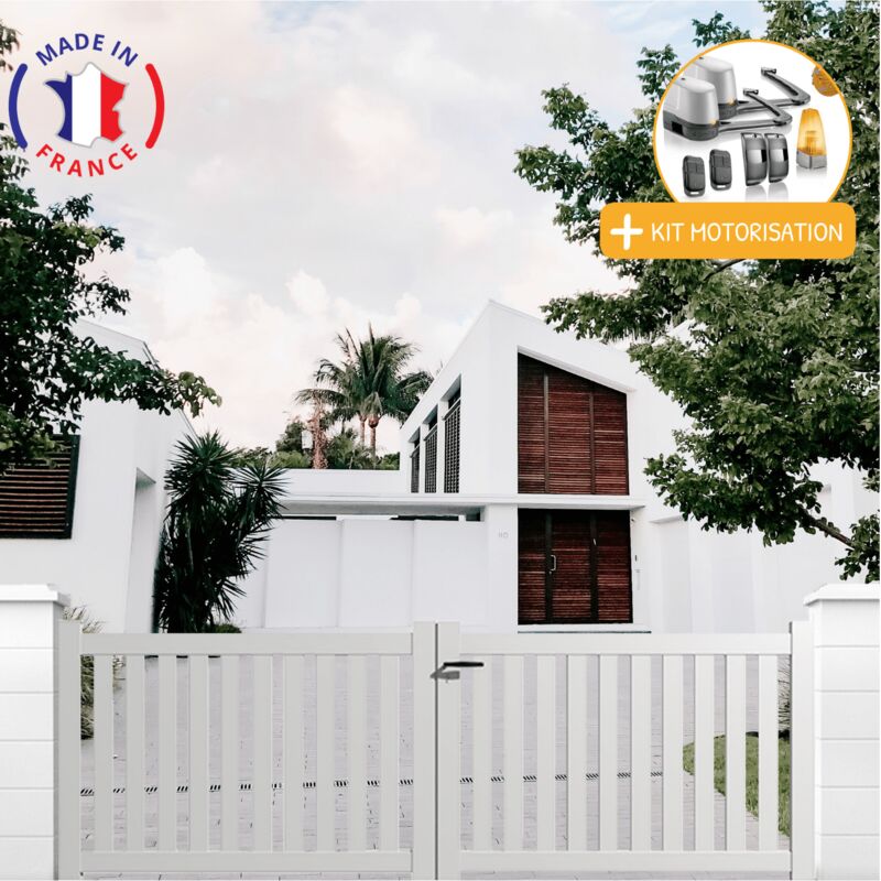 Portail aluminium battant ajouré en kit + Motorisation dimensions L.4000 (entre piliers) X H.1200 mm LOCKYVIA (à bras) Couleurs Blanc (RAL 9010)