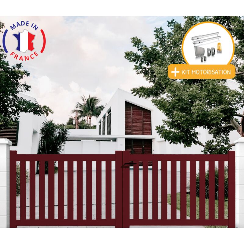 Portail aluminium battant ajouré en kit + Motorisation dimensions L.3500 (entre piliers) x H.1200 mm sgs Essential (vérins) Couleurs Rouge (ral 3004)
