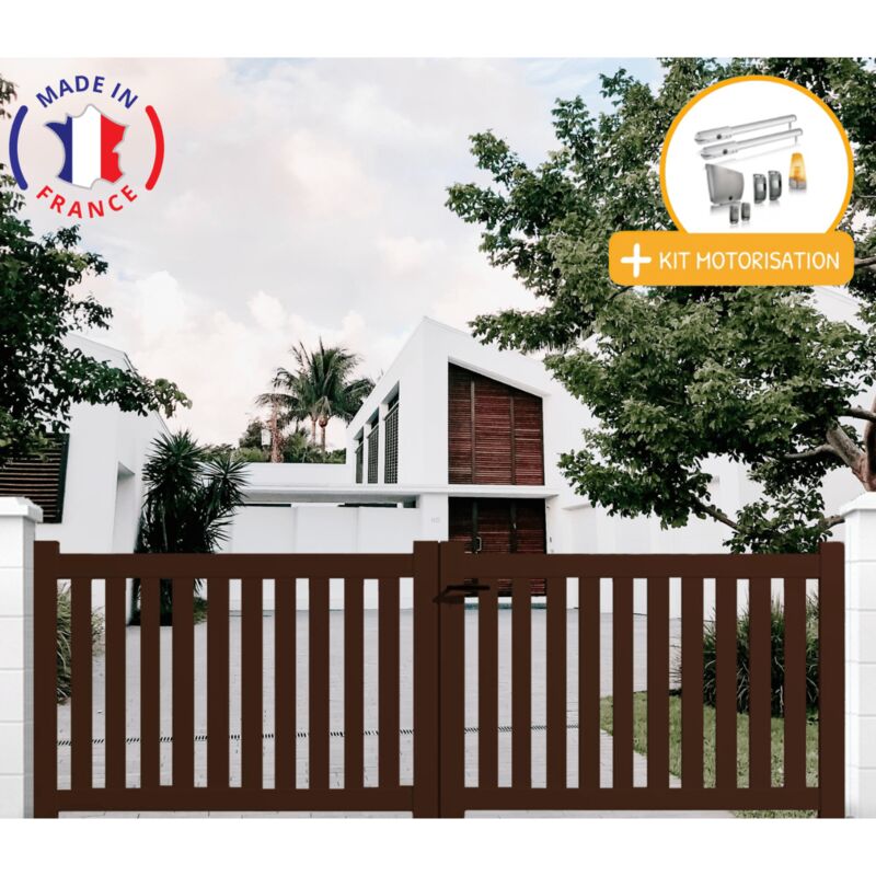 Portail aluminium battant ajouré en kit + Motorisation dimensions L.3000 (entre piliers) X H.1200 mm SGS Essential (vérins) Couleurs Marron (RAL 1247)