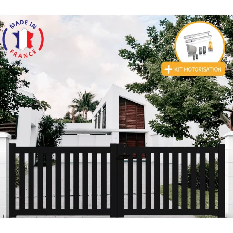 Portail aluminium battant ajouré en kit + Motorisation dimensions L.3500 (entre piliers) x H.1200 mm sgs Essential (vérins) Couleurs Noir (ral 9005)