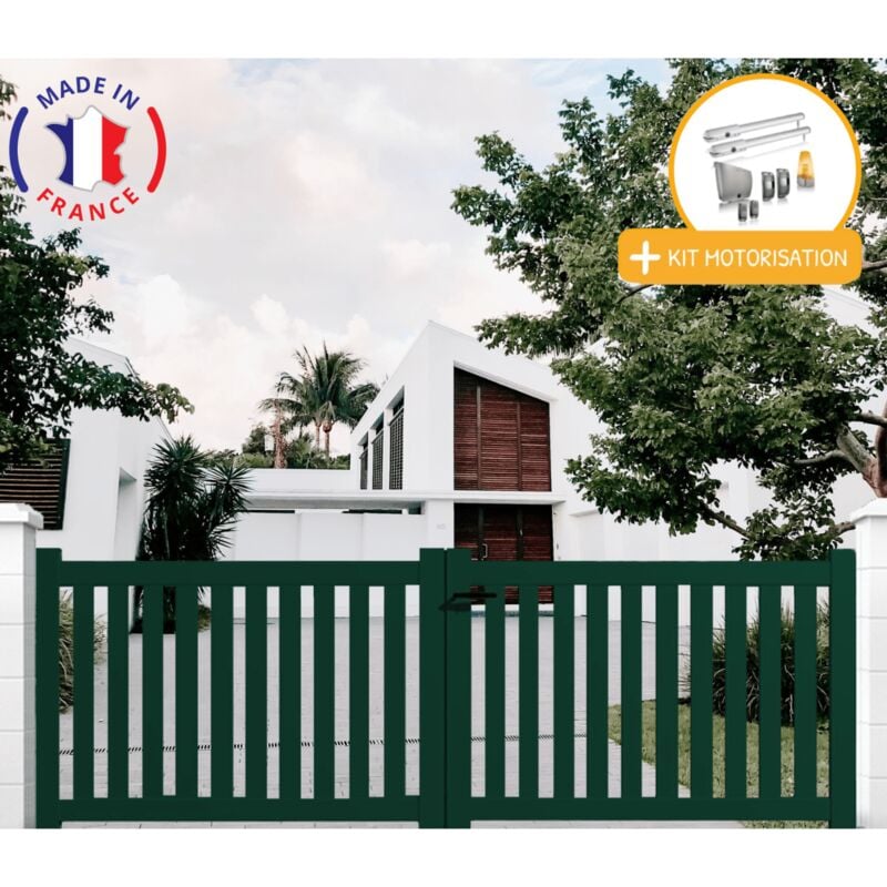 Portail aluminium battant ajouré en kit + Motorisation dimensions L.3000 (entre piliers) x H.1200 mm sgs Essential (vérins) Couleurs Vert (ral 6005)