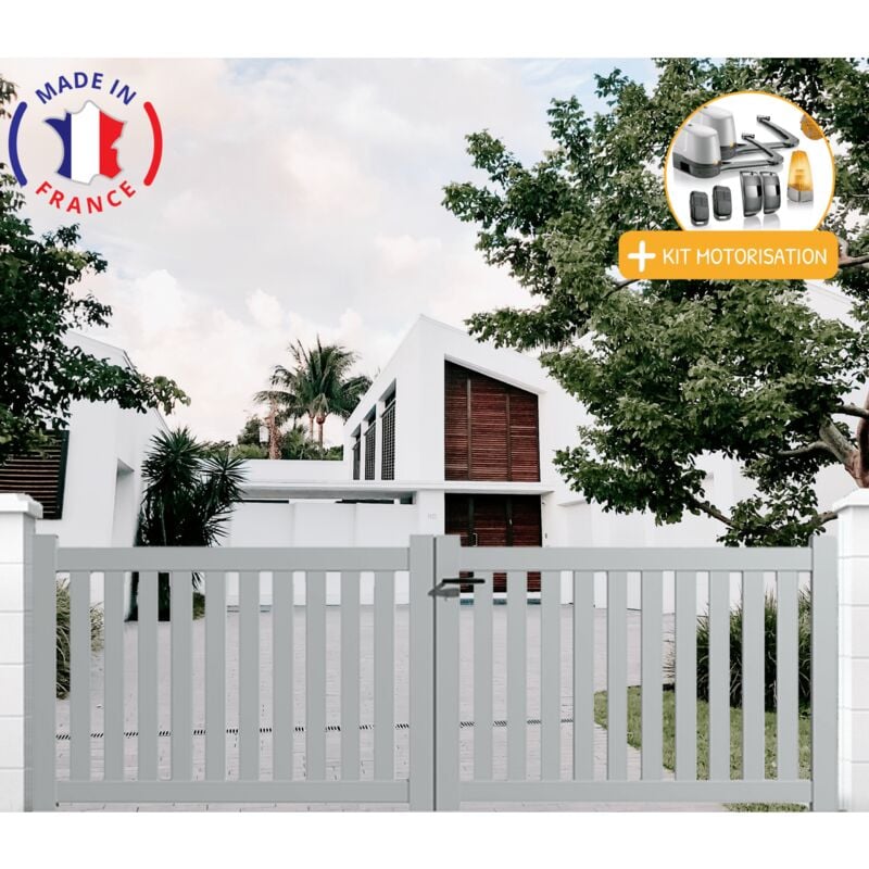 Portail aluminium battant ajouré en kit + Motorisation dimensions L.3000 (entre piliers) x H.1200 mm lockyvia (à bras) Couleurs Gris clair (ral 7035)