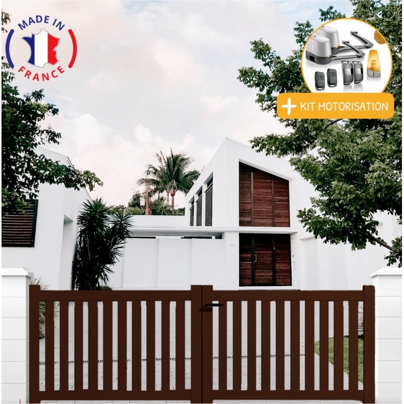 Portail aluminium battant ajouré en kit + Motorisation dimensions L.3000 (entre piliers) x H.1200 mm lockyvia (à bras) Couleurs Marron (ral 1247)