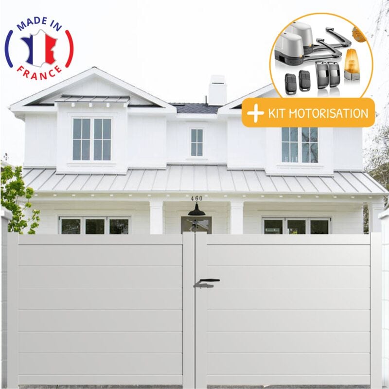 Portail aluminium battant plein en kit + Motorisation dimension L.3000 (entre piliers) x H.1500 mm motorisation lockyvia (à bras) Couleurs Blanc (ral