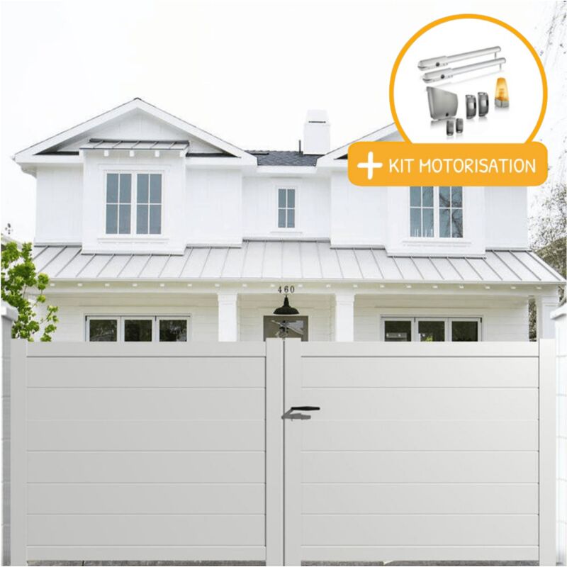 Portail aluminium battant plein en kit + Motorisation dimensions L.3000 (entre piliers) x H.1500 mm sgs Essential (vérins) Couleurs Blanc (ral 9010)