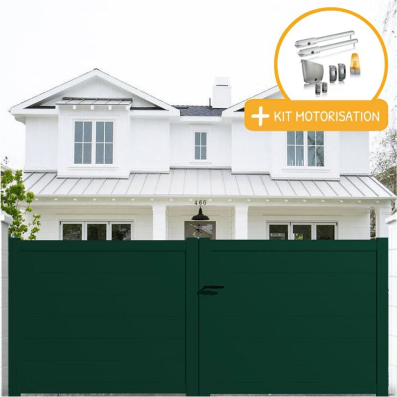 Portail aluminium battant plein en kit + Motorisation dimensions L.3000 (entre piliers) x H.1500 mm sgs Essential (vérins) Couleurs Vert (ral 6005)
