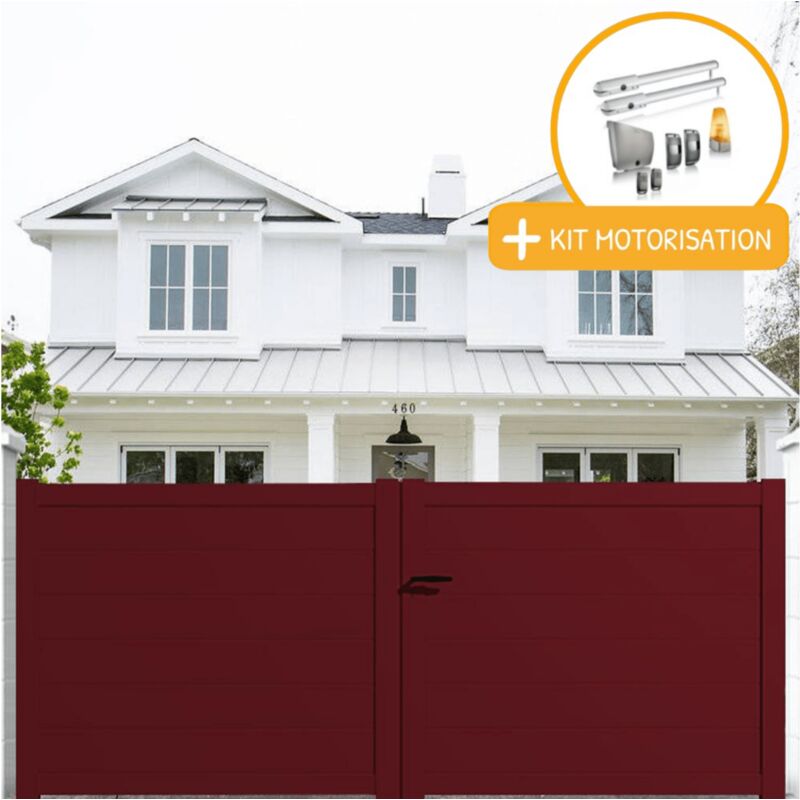Portail aluminium battant plein en kit + Motorisation dimensions L.3500 (entre piliers) x H.1500 mm sgs Essential (vérins) Couleurs Rouge (ral 3004)